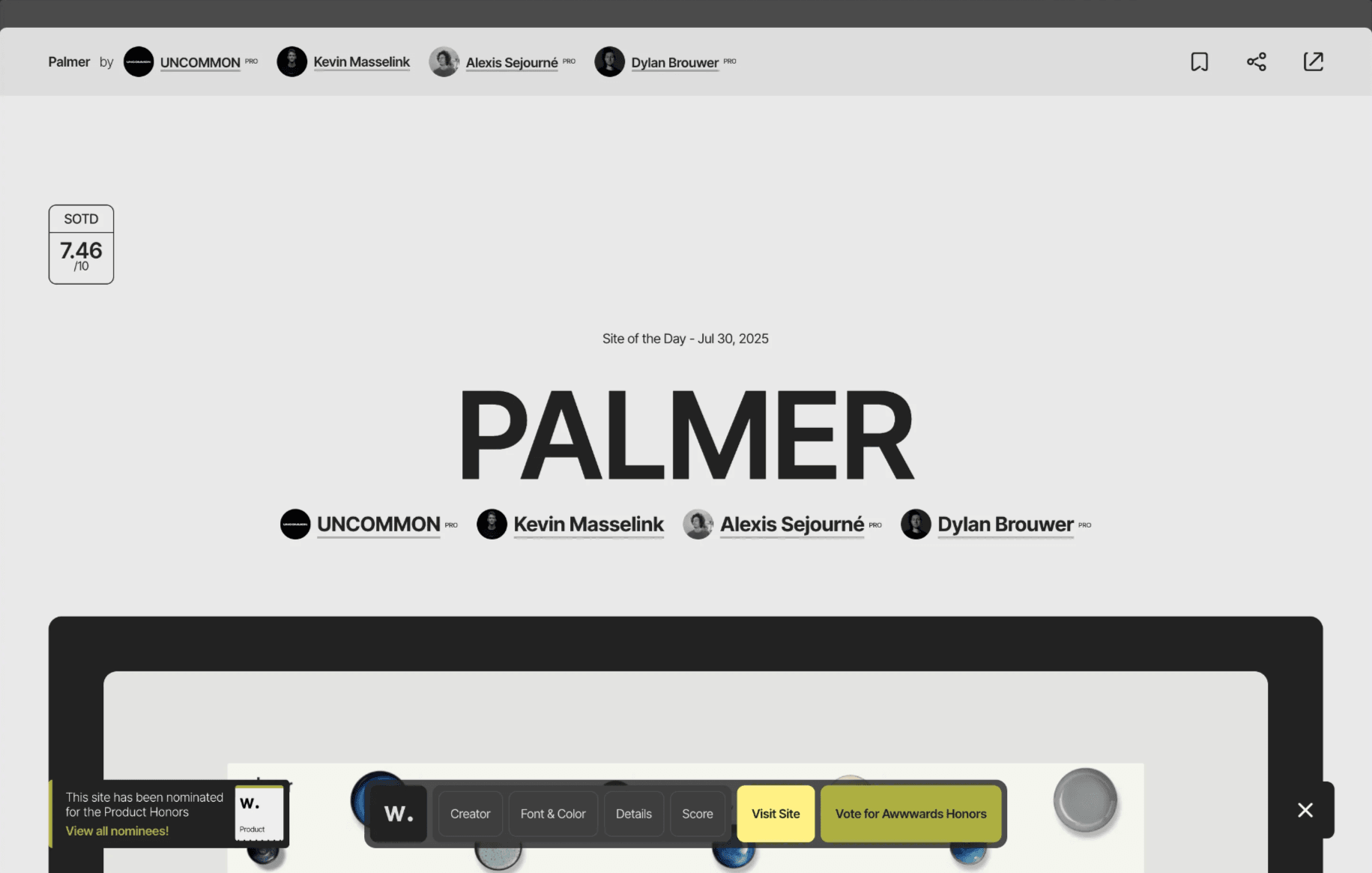 https://www.awwwards.com/sites/palmer | SOTD 수상 화면