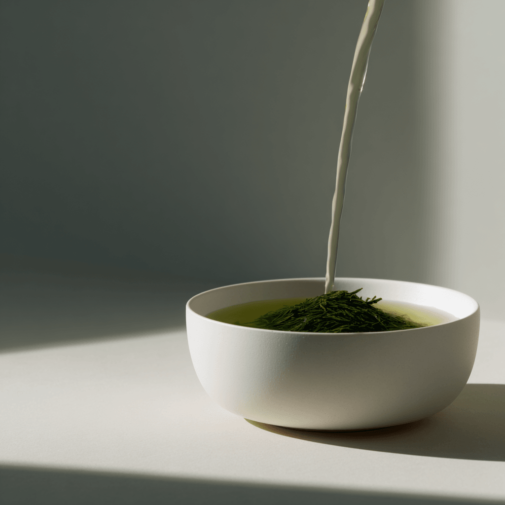 녹차는 산뜻함과 풀향. 물은 70-80도 | 생성형 이미지 | 에브리데이웍스클럽