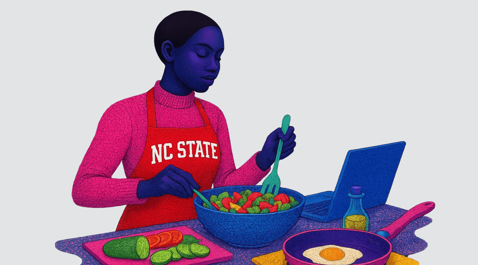 NC State 빨간 앞치마를 두르고 여름 샐러드를 만드는 검은 피부의 여성이 노트북과 함께 요리하는 모습